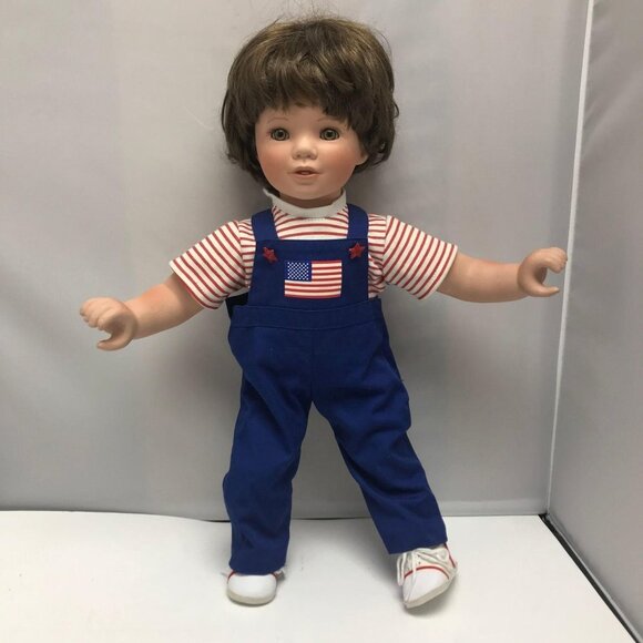 MBI Susan Wakeen Brunette American Flag Blue Overalls Patriotic Porcelain Doll